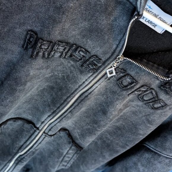 RAFFINE POSH "Praise to God" Distressed Acid Wash Zip Up - Picture 2 of 6